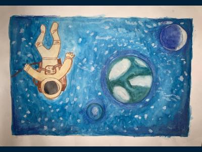 Картина. Автор: Киреева Адель Тимуровна. Техника: акварель. Класс: 3 Человек в космосе