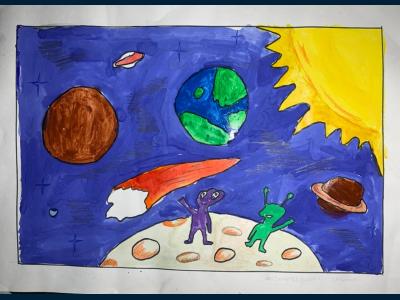 Картина. Автор: Мухтаруллина Зинира. Техника: акварель. Класс: 3 Космические гости