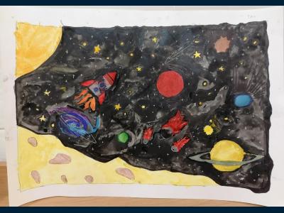 Картина. Автор: Хайретдинов Тагир. Техника: акварель. Класс: 3 Космические дали