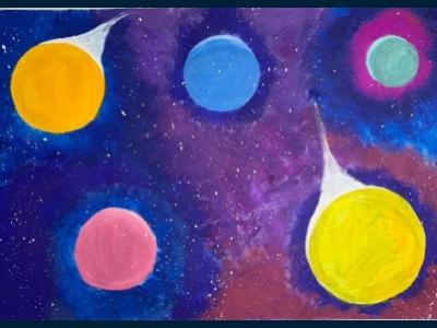 Картина. Автор: Аскарова Айгуль. Техника: смешанная техника. Класс: 3 Мой космический мир