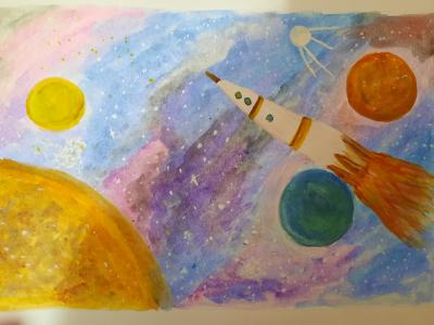 Картина. Автор: Бехтольд Дарья Юрьевна. Техника: акварель. Класс: 4 Космическое путешествие