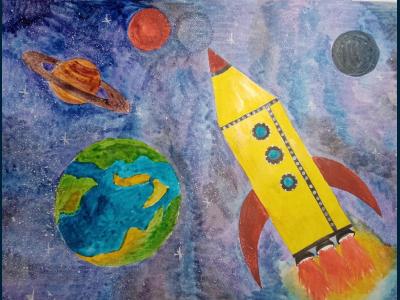 Картина. Автор: Лаврентьев Дмитрий. Техника: акварель. Класс: 4 Космические путешествия