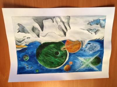 Картина. Автор: Цыркаев Максим. Техника: акварель. Класс: 4 Там живут планеты
