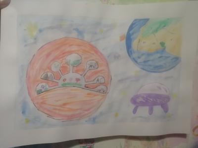 Картина. Автор: Киливник Вика. Техника: смешанная техника. Класс: 4 "Космическая станция Башкортостана на Марсе"