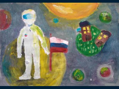 Картина. Автор: Баембитова Аделина. Техника: гуашь. Класс: 4  «Освоение космоса Россией»