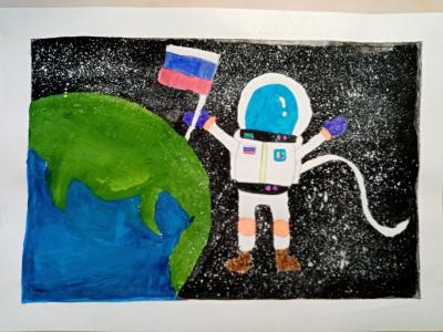 Картина. Автор: Яхина Самира Римовна. Техника: гуашь. Класс: 4 Российский привет из космоса