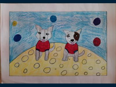 Картина. Автор: Чуднова Вероника. Техника: смешанная техника. Класс: 4 Белка и Стрелка