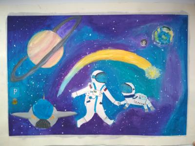 Картина. Автор: Хасанова Лейла. Техника: гуашь. Класс: 4 "Прогулка по Космосу"