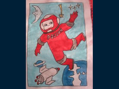 Картина. Автор: Якушев Иван. Техника: акварель. Класс: 4 Человек в космосе
