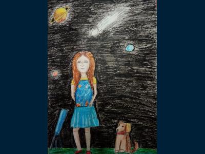 Картина. Автор: Ибатуллина Сабина. Техника: восковые мелки. Класс: 4 Космические дали