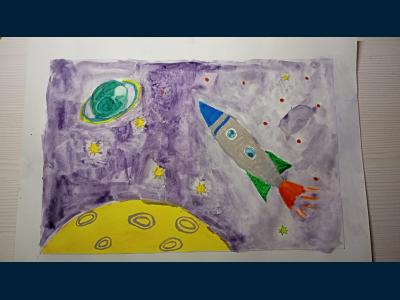 Картина. Автор: Хакимов Ренат. Техника: акварель. Класс: 4 Полёт в космос