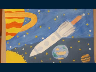 Картина. Автор: Хужахметова Наркас Айнуровна. Техника: гуашь. Класс: 4 Полет к планетам