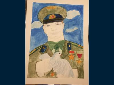 Картина. Автор: Лицкевич Мария. Техника: смешанная техника. Класс: 4 Ю.Гагарин - первый космонавт Земли