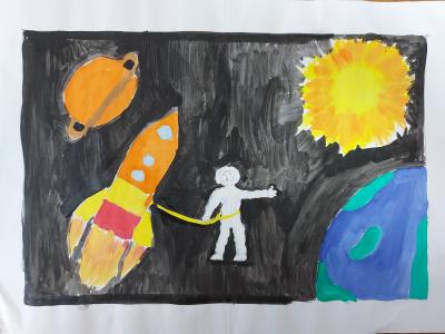 Картина. Автор: Хаитова Элина Маратовна. Техника: гуашь. Класс: 5 "Я летаю над планетой"