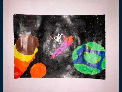 Картина. Автор: Хужаев Даниэль. Техника: гуашь. Класс: 5 Герой планеты Земля