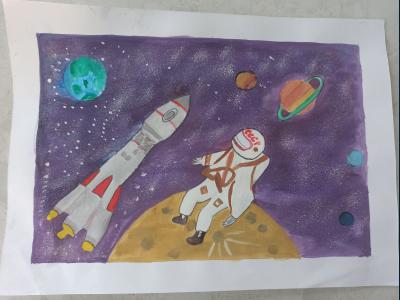 Картина. Автор: Гайсина Ралия. Техника: гуашь. Класс: 5 Человек в космосе
