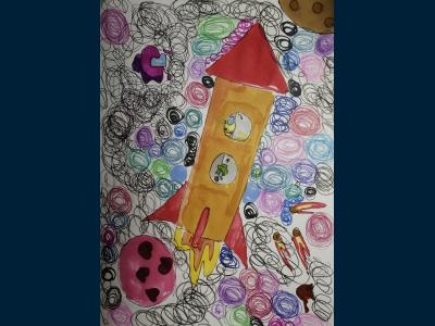 Картина. Автор: Канчурина Дина. Техника: смешанная техника. Класс: 5 Путешественники во Вселенной