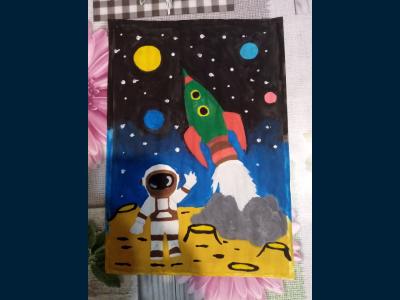 Картина. Автор: Махмудияров Альгиз Ринатович. Техника: гуашь. Класс: 5 Космонавт и Ракета