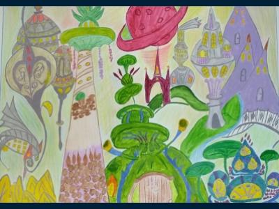 Картина. Автор: Акбашев Эмиль. Техника: смешанная техника. Класс: 5 Фантастические города будущего