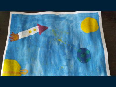 Картина. Автор: Гайнутдинова Камилла Фаритовна. Техника: гуашь. Класс: 5 Человек в космосе.