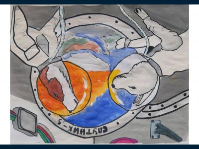 Картина. Автор: Нуртдинова Диана. Техника: гуашь. Класс: 6 Космический полет Белки и Стрелки