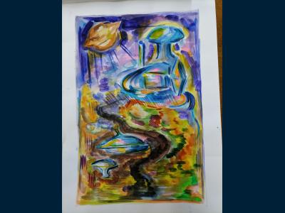 Картина. Автор: Царева Александра. Техника: акварель. Класс: 6 Космический город.