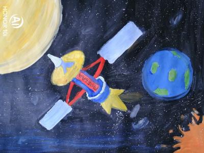 Картина. Автор: Гафанова Лиана Ильдаровна. Техника: акварель. Класс: 6 Космическая техника