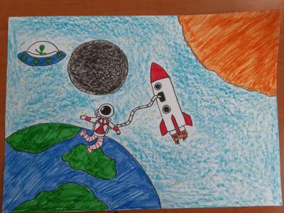 Картина. Автор: Соколов Сергей. Техника: восковые мелки. Класс: 6 Мой лучший друг  - космонавт