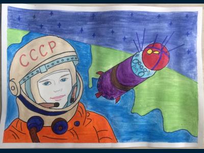Картина. Автор: Файзуллина Камилла. Техника: акварель. Класс: 6 Юрий Гагарин-гордость страны