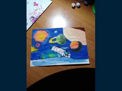 Картина. Автор: Галимова Аделина. Техника: смешанная техника. Класс: 6 Космический мир