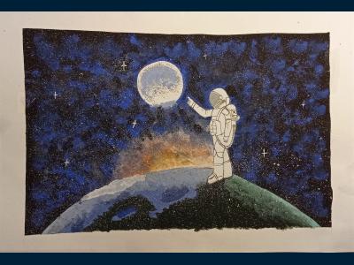 Картина. Автор: Ахметьянова Аделина Салаватовна. Техника: гуашь. Класс: 7 Человек в космосе