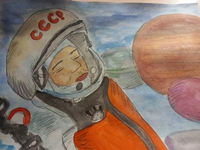 Картина. Автор: Ахмадуллина Арина. Техника: акварель. Класс: 7 Космонавт