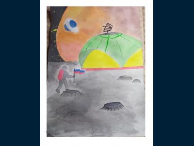 Картина. Автор: Ахмедина Дарья. Техника: акварель. Класс: 7 Освоение космоса России