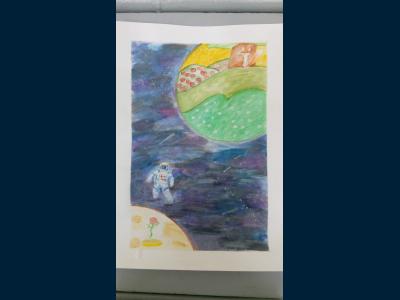 Картина. Автор: Мавлютова Ильвина. Техника: акварель. Класс: 7 С любимыми героями в космическое путешествие