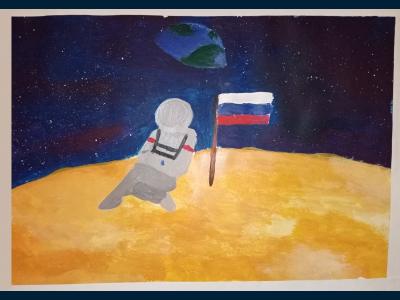 Картина. Автор: Рафикова Линара. Техника: гуашь. Класс: 7 Первый в космосе