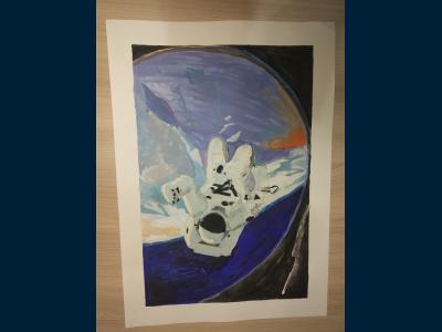 Картина. Автор: Гаврилов Максим. Техника: акварель. Класс: 8 Земля в иллюминаторе