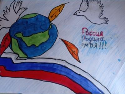 Картина. Автор: Давлетгареева Милана. Техника: смешанная техника. Класс: 1 Россия родина моя