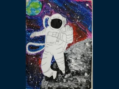 Картина. Автор: Галин Анвар. Техника: смешанная техника. Класс: 1 «Время первых: достижения отечественной космонавти