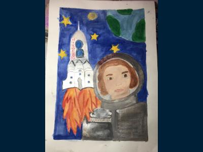 Картина. Автор: Гильмутдинова Камилла. Техника: акварель. Класс: 1 Достижения Российской космонавтики. Первая женщина