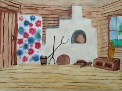 Картина. Автор: Галимова Эллария. Техника: акварель. Класс: 1 Быт древнерусских крестьян