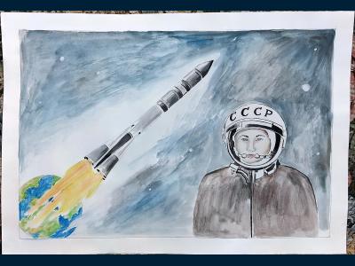 Картина. Автор: Мусин Тимур. Техника: акварель. Класс: 1 Время первых: Юрий Гагарин.