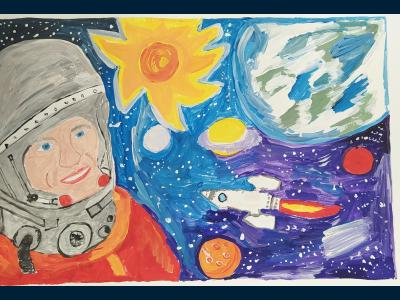 Картина. Автор: Багашев Ринат Робертович. Техника: гуашь. Класс: 1 Время первых: достижения отечественной космонавтик