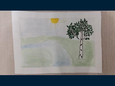Картина. Автор: Айбулатова Аделина. Техника: акварель. Класс: 1 «Я люблю тебя Россия»