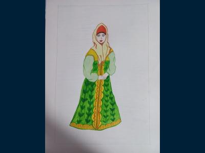 Картина. Автор: Габдулхакова Ангелина. Техника: акварель. Класс: 1 Костюм Древней Руси