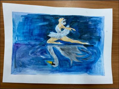 Картина. Автор: Тихонов Артем. Техника: акварель. Класс: 1  Русский балет "Лебединое озеро"