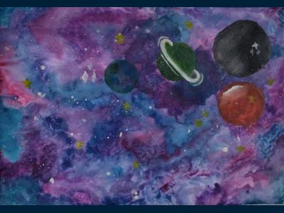 Картина. Автор: Хрестина Софья. Техника: акварель. Класс: 1 Время первых. К далёким мирам.