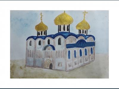 Картина. Автор: Нарынбаева Аделина. Техника: смешанная техника. Класс: 1 Успенский собор Московского Кремля