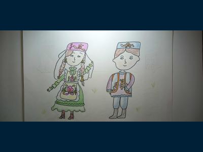 Картина. Автор: Сабирзянова Сабрина. Техника: смешанная техника. Класс: 1 Национальный костюм в современном мире.