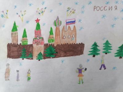 Картина. Автор: Сангишева Софья. Техника: смешанная техника. Класс: 1 Моя Россия