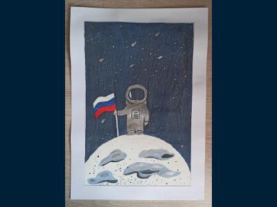 Картина. Автор: Киямутдинов Динияр. Техника: гуашь. Класс: 2 "Достижения отечественной космонавтики."